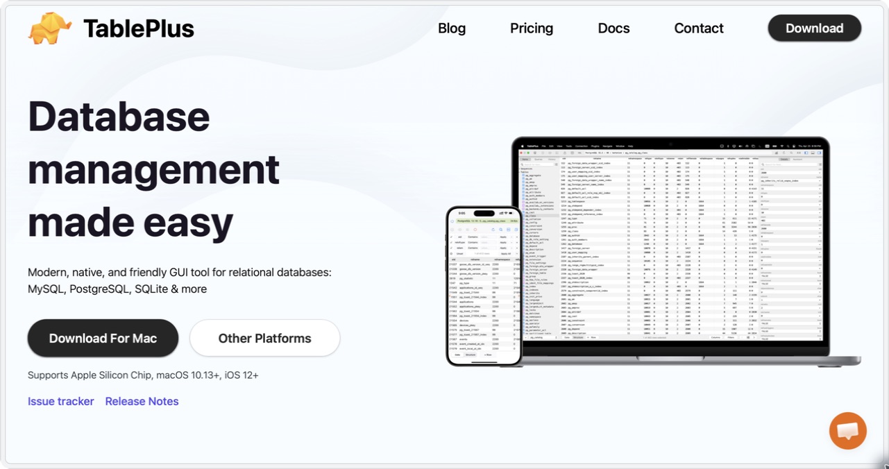 TinyWeb displaying the TablePlus website in a compact native window with the sidebar tucked away.