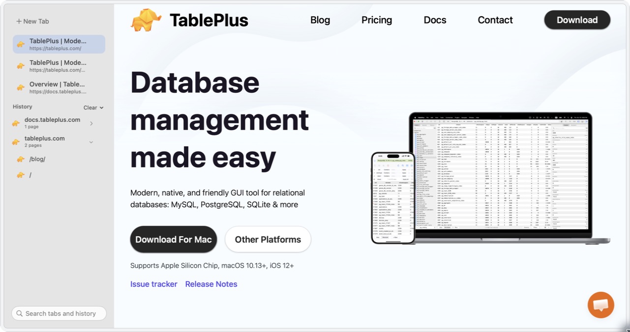 TinyWeb showing the TablePlus website beside its vertical tabs and website-grouped browsing history.